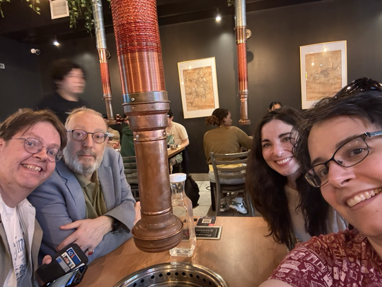 4 of us at DHSI gathered at a fun Korean barbecue restaurant (Mon Ami) in Montreal after an intensive coding session! In foreground are me and Greg Bondar, in back are my co-instructor David Birnbaum and Juliette Paul who brought a wonderful project with her to our course!
