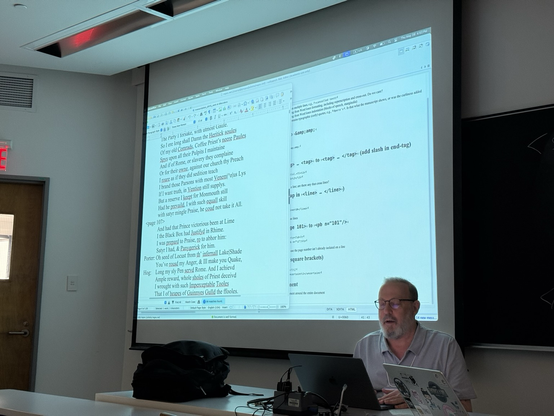 David Birnbaum reviewing a set of regular expression transformations we were scripting for Juliette’s project.