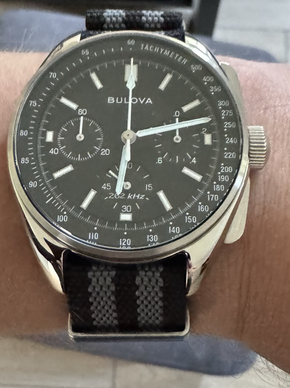 Bulova lunar pilot chronograph on a black and grey nato strap