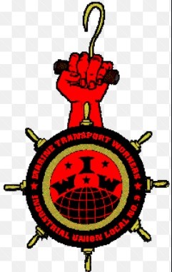 IWW Marine Transport Union logo with a ship's wheel with "IWW" in the center, above a partial globe, with a red fist emerging from the wheel holding a hook.