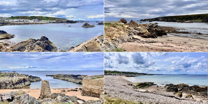 Four photo collage of a rocky coastline rocky coastline. Warm early summer day, blue skies, some grey rain clouds, blue sea in differing tones. Beige sand amongst grey/beige/honey coloured rocks of different shapes and sizes, leading out to sea of varying blue tones. Top left and bottom right includes a nearby village, the front line white/ grey row of cottages.