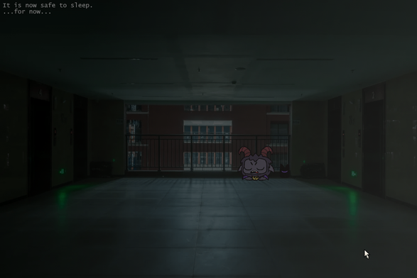 Marshie in a dark elevator room. Sleeping. 

"It is now safe to sleep." 
"...for now..."