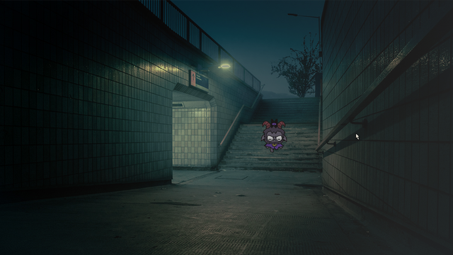 Marshie walking down the dark city stairs.