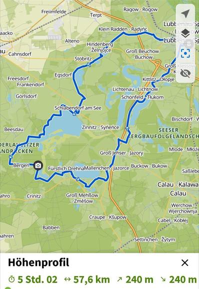 Komoot Karte die den Radweg um den Schlabendorfer See zeigt