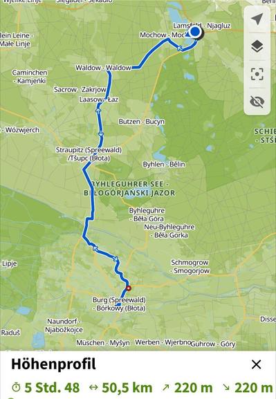 Komoot Karte mit einer Radtour von Lamsdorf nach Burg (Spreewald)