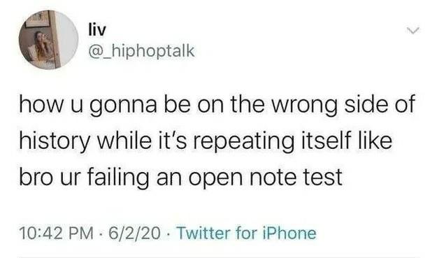 Still image. Social media post from 

liv 
@_hiphoptalk 

how u gonna be on the wrong side of history while it's repeating itself like bro ur failing an open note test 
10:42 PM - 6/2/20