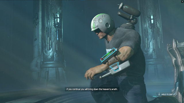 The DoomSlayer kneels Kaepernick style in a gothic chamber wearing his Commander Keen Doom Gear and is told by an ancient offscreen voice:

"If you continue you will bring down heavens wrath."