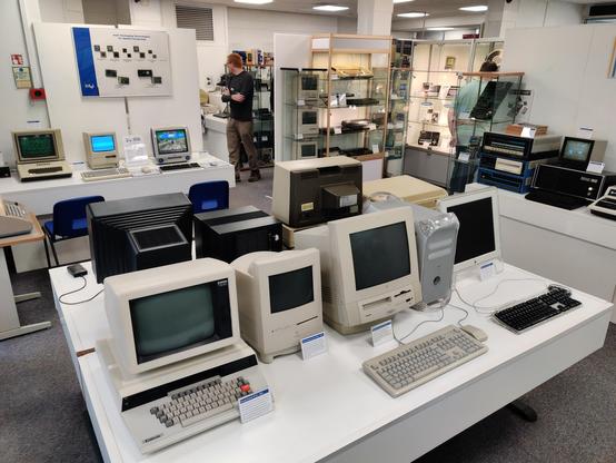 A wide view of part of the collection at the Museum of Computing. The museum was also busy; this shot was taken during a lull.