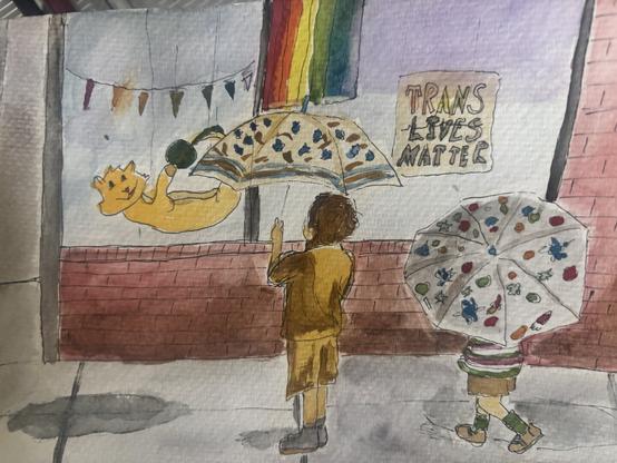 Watercolor scene of two boys with umbrellas standing outside a store with a window decal of a cat, trans lives matter sign, and pride flag