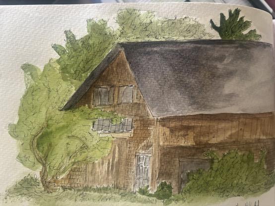 Watercolor of barn. Mostly brown, grey, green colors