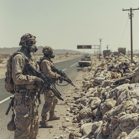 A couple of soldiers wearing gas masks behind a sandbag barricade