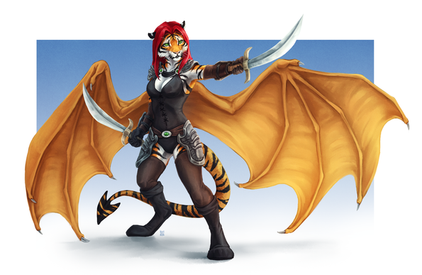 A red-headed anthro tigress with dragon wings and a dragon-like striped tail points her scimitar at an opponent in challenge
