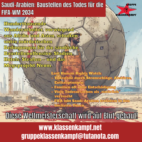 Vor dem Hintergrund der Skyline von Hochbauten in Saudi Arabien steht ein Arbeiter vor einem bluttriefenden Fußball