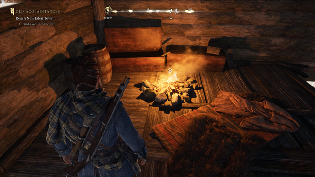Screenshot aus dem Game "Banishers". Der Protagonist hat eine Feuerstelle erstellt. Auf einem Holzboden.