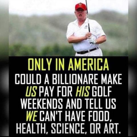 Photo of Donald Trump playing golf captioned "Only in America could a billionaire make us pay for his golf weekends and tell us we can't have food, health, science, or art