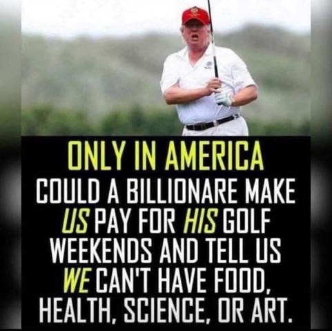 Photo of Donald Trump playing golf captioned "Only in America could a billionaire make us pay for his golf weekends and tell us we can't have food, health, science, or art