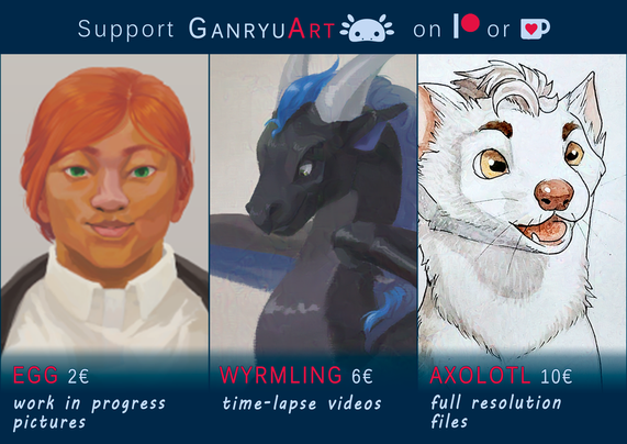 A picture summarizing an update on GanryuArt's Patreon/ Ko-fi. The text is reading: "Support GanryuArt [GanryuArt's logo] on [Patreon's logo] or [Ko-fi's logo]
Egg 2€ work in progress pictures
Wyrmling 6€ time-lapse videos
Axolotl 10 € full resolution files"
Three side-by-side pictures show previews of said posts.
1st picture: A digital bust portrait painting of an Asian ginger woman. 
2nd picture: A detail view of a digital painting of a black dragon. He's looking down as if reading a book.
3rd picture: A watercolor bust portrait painting of an Eurasian stoat in their winter coat. They look chipper. They've got some more human features, like pronounced eyebrows and a short mohawk hairstyle.