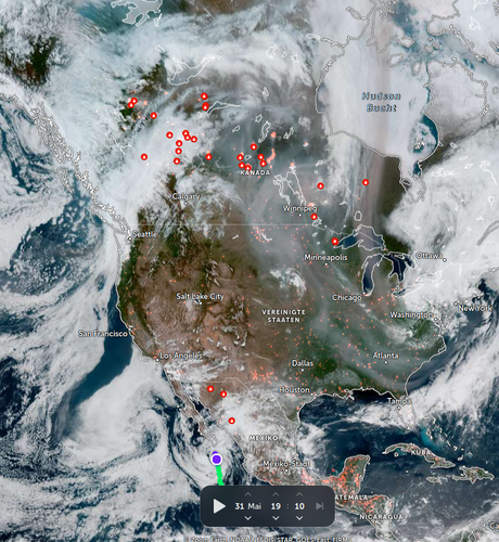 Satellite view of northern America. Showing huge areas with smoke from wildfires