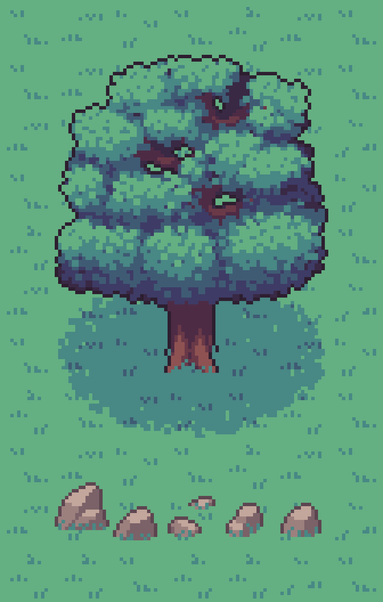 A pixel art piece depicting an oak tree in a grass field and several stones of different shapes and sizes.