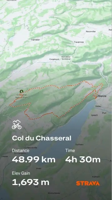 The map of today’s ride with a distance of 48.99km, a duration of 4h 30m, and 1693m of elevation gain.