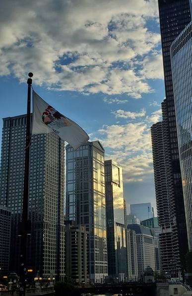Modern buildings with sunlight reflecting off of them. Brilliant blue sky with white clouds scattered.