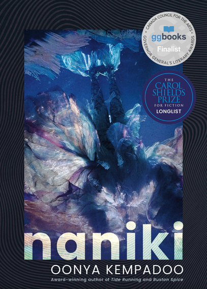 Book cover for Naniki by Oonya Kempadoo, which was a 2024 GG finalist in fiction and longlisted for the 2025 Carol Shields Prize for Fiction (Rare Machines). Amana and Skelele are made of water and air, their essence intertwined with Taino and African ancestry. They evolved as elemental beings of the Anthropocene, and shape-shifting with their naniki (active spirits) or animal avatars, they begin an archipelagic journey throughout the Caribbean Basin to see the strange future they dreamed of. Until devastation erupts. Tasked by their elders to go back in time to the source of the First People’s knowledge, they must surmount historical and mythological challenges alike. How can they navigate and overcome these obstacles to regenerate themselves, their love, their islands, and their seas? Cover shows an impressionistic view of perhaps a swimmer or pair of mermaids swimming through iridescent material. https://www.dundurn.com/books_/t22117/a9781459751491-naniki
