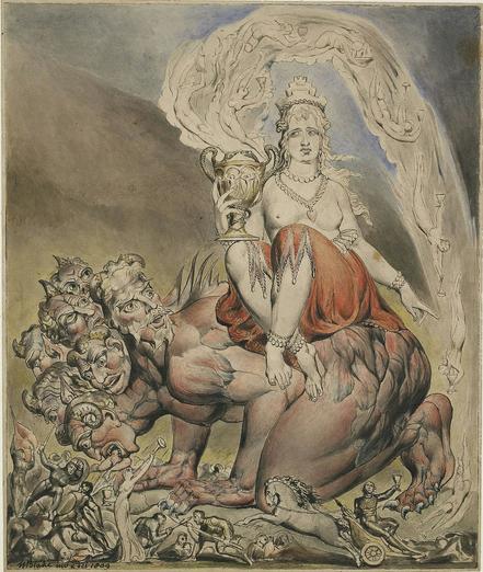 A woman is seated on the back of a monstrous hominid.  The woman: topless, tattered red skirt, holding a large decorated goblet, and wearing jewelry.  The monstrous beast: Red, covered with hair, with 7 angry horned heads with pointy ears are sprouted from the neck like a head of cauliflower.  The woman's goblet is spouting or producing tiny human forms that are pouring down the side of the painting, they are all wielding tiny goblets.  At the bottom of the painting are several more tiny humans in various activities.  One is blowing a horn, others are fighting with spears and swords, one is riding a chariot behind a horse with a goblet.  One of the heads of the beast may be eating one of the tiny human forms, it seems like the lower half of a body is protruding from its mouth.  This is the description from the bible:


3 	So he carried me away in the spirit into the wilderness: and I saw a woman sit upon a scarlet coloured beast, full of names of blasphemy, having seven heads and ten horns.
4 	And the woman was arrayed in purple and scarlet colour, and decked with gold and precious stones and pearls, having a golden cup in her hand full of abominations and filthiness of her fornication:
5 	And upon her forehead was a name written, MYSTERY, BABYLON THE GREAT, THE MOTHER OF HARLOTS AND ABOMINATIONS OF THE EARTH.
6 	And I saw the woman drunken with the blood of the saints, and with the blood of the martyrs of Jesus: and when I saw her, I wondered with great admiration.