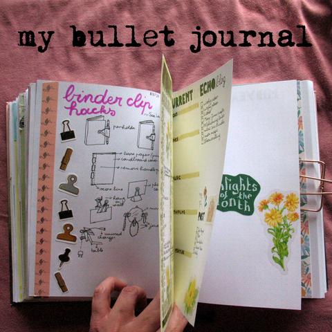 A bullet journal or notebook lays open so mutiple pages are visible. One title says "binder clip hacks" with little pen drawings. On another pages there are lists for blogpost ideas and what I'm currently reading/watching/etc, and finally there is an empty page with "highlights of the month" written on green paper in the middle. The background is pink fabric and the text "my bullet journal" in black letters.  

#bulletjournalideas #bulletjournalcommunity #bulletjournalpages #bulletjournalspread