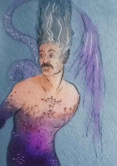 Mustached mermen Edward Teach from Our Flag Means Death with purple scales and long gray hair and naked chin.
