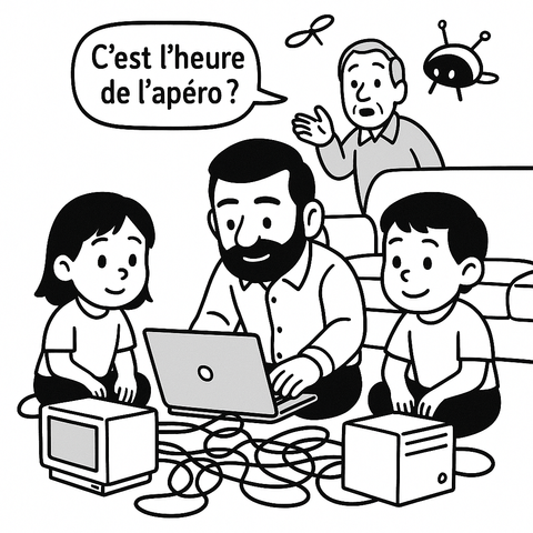 Illustration en noir et blanc. Bernard, barbu, est assis au sol avec ses neveux et nièce au milieu de câbles et d’ordinateurs portables ouverts. On distingue un amas chaotique de fils Ethernet, multiprises, boîtiers, manettes. Bernard tient un schéma dessiné à la main. Les enfants fixent un écran hors champ, concentrés. En arrière-plan, leur grand-père (Papi) s'adresse à un petit drone qui flotte devant lui : “C’est l’heure de l’apéro ?” L’ambiance est douce, un brin absurde, comme un LAN familial improvisé.