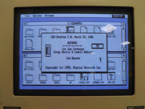 A slightly fuzzy snap of the GEM "About" box. It says:

GEM Desktop 2.0, March 24, 1986

AUTHORS
-+-+-+-+-+-+-+-
Lee Jay Lorenzen
Gregg Morris & Lovell Webster

Jim Bourne

Copyright (c) 1985, Digital Research Inc.