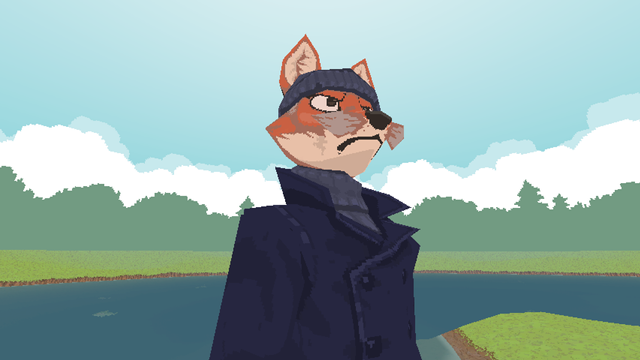 Screenshot from my furry fishing game prototype showing Captain: A tall red fox with a mustache, wearing a dark coat and grey wool cap.
