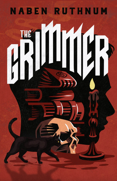 Book cover for The Grimmer by Naben Ruthnum (ECW Press), with a black cat prowling past the outline of a person's head in profile, within which are images of a skull in front of a pile of books, with a candle placed so the flame is where the person's eye would be. Small-town mysteries made modern in this spine-tingling supernatural horror-thriller. https://ecwpress.com/collections/science-fiction/products/the-grimmer