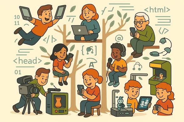 Illustration colorée de style cartoon représentant une grande scène d’activités numériques en intelligence collective autour de deux arbres. On y voit des enfants, des adolescents et des adultes engagés dans diverses pratiques numériques : un garçon vole avec deux smartphones en guise d’ailes, une fille code sur un ordinateur portable perché dans un arbre, un senior consulte un smartphone, deux enfants enregistrent un podcast, un autre filme avec une caméra, un autre encore supervise une imprimante 3D. On voit aussi une borne d’arcade artisanale, une tablette affichant un robot, et des symboles numériques comme des balises HTML, du code binaire, et des signes “@”. L’image illustre la diversité des postures numériques dans une ambiance de création, de partage et de transmission intergénérationnelle.