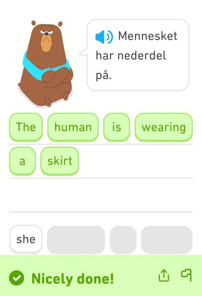 Duolingo exercise in which the translation of a Danish sentence is: The human is wearing a skirt.
