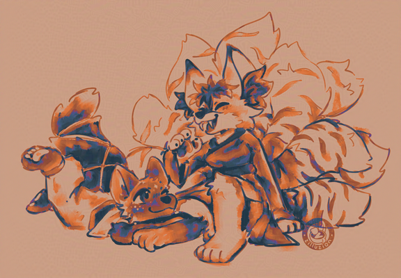 a warm-hued monochrome sketch of two canine characters chatting to one another, the left lays on the floor kicking their legs in the air, whilst the other sits with one knee bent, leaning back into their many tails