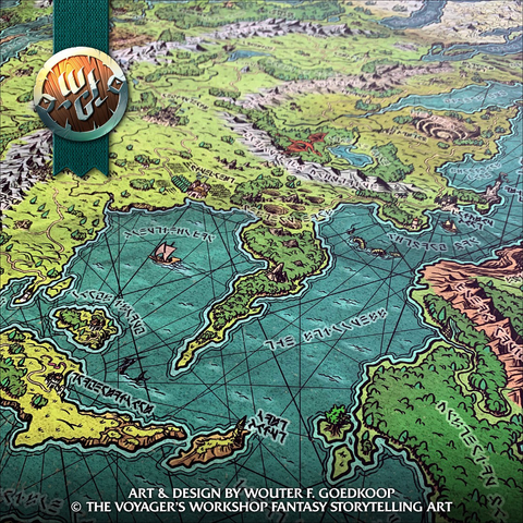 A closeup photo of a 24 by 36 print of the Map of the World, a system agnostic fantasy TTRPG setting