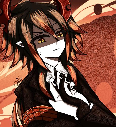 Ivlis in a suit with red gradients and bg. Satanick's hand is outstretched holding his tie. Slightly darker gradient.