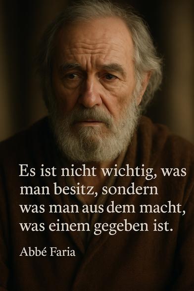 Das Bild zeigt einen älteren Mann mit ernstem, nachdenklichem Blick – sein Gesicht ist von einem dichten grauen Bart und tiefen Falten gezeichnet. Die warme, gedämpfte Lichtstimmung und der braune Hintergrund verleihen dem Porträt eine ruhige, zeitlose Atmosphäre. Unten im Bild steht ein Zitat von Abbé Faria: „Es ist nicht wichtig, was man besitzt, sondern was man aus dem macht, was einem gegeben ist.“ Die Darstellung vermittelt Weisheit, Demut und die stille Größe eines Menschen, der gelernt hat, aus innerem Reichtum zu schöpfen.

📸 Image description (English):
The image shows an elderly man with a thoughtful, solemn expression – his face marked by a full grey beard and deep wrinkles. The warm, muted lighting and earthy background create a serene, timeless mood. At the bottom, a quote by Abbé Faria reads: “It is not important what one possesses, but what one makes of what one is given.” The portrait evokes wisdom, humility, and the quiet strength of a person who draws deeply from inner wealth.🖖