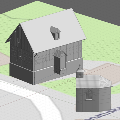 Eine rudimentäre Computergrafik mit einem Haus auf der linken Seite und einer Kapelle auf der rechten Seite. Sie stehen beide auf einem Kartenausschnitt.