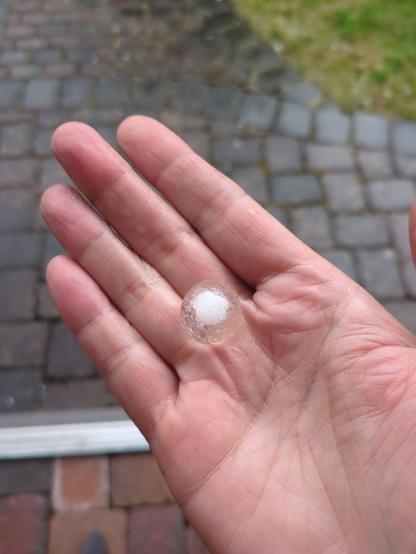 ca. 3 cm großes Hagelkorn mit milchigen Kern in meiner Hand