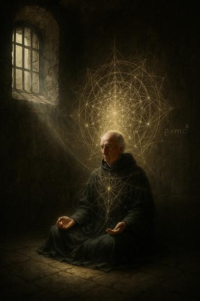 Ein alter Mönch sitzt in tiefer Meditation auf dem Boden einer düsteren Gefängniszelle. Durch ein kleines, vergittertes Fenster fällt ein einzelner Sonnenstrahl auf sein Gesicht. Aus seinem Geist entspringt ein leuchtendes geometrisches Muster, das wie ein Mandala aus Licht den Raum durchdringt. Die Wand ist rau, doch auf ihr leuchtet eine Formel – als ob der Intellekt hier gegen das Vergessen antritt. Der Kontrast zwischen der Dunkelheit der Zelle und dem inneren Licht des Mannes symbolisiert: wahre Freiheit beginnt im Denken.

⸻

📷 Image Description – English:

An elderly monk sits in deep meditation on the cold floor of a dark prison cell. A single beam of sunlight enters through a barred window, illuminating his calm face. From his mind, a glowing geometric pattern unfolds like a luminous mandala, spreading across the air around him. On the rough stone wall behind, a faint formula appears – as if thought itself resists erasure. The stark contrast between the prison’s darkness and the monk’s inner radiance symbolizes that true liberation begins in the mind.🖖