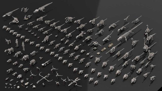A long shot render of over 100 different lego fossils of all kinds, from dinosaurs, to mammals, to flying and marine reptiles.
