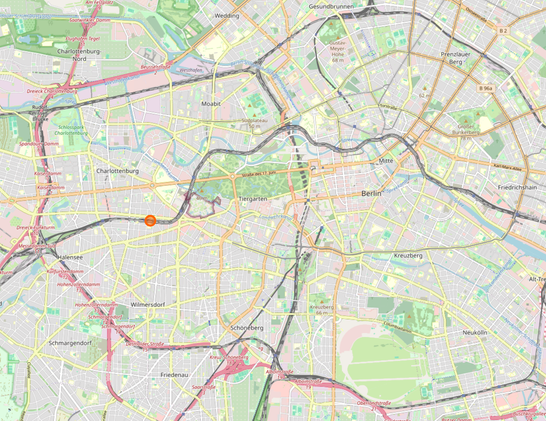 Bildschirmfoto der Openstreetmap-Karte, zeigt den Berliner S-Bahn-Ring und hebt die Position des nächsten OSM-Stammtisch hervor