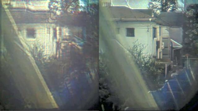 Reconstructed images of an outdoor scene with a house, trees, and a metallic bar.