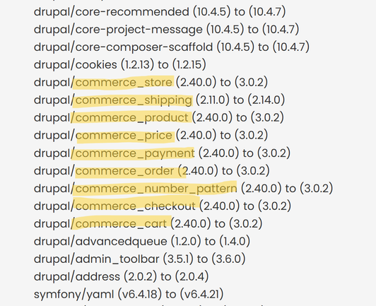 Screenshot of the pantheon dashboard showing updated modules, including a bunch of commerce modules that say they are being updated from the 2.x to 3.x versions, even though they are not actually their own packages, and are actually submodules contained within the commerce module.