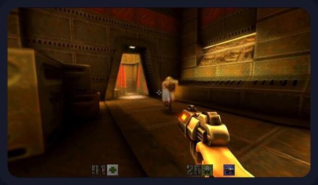 AI dreaming of Quake 2. An arm from the lower right of the screen points with a science fiction gun at a blurry enemy in a brown, grungy room.