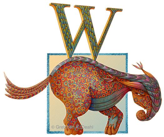 A strange a wondrous monster of glowing circular colors, stands sideways, glaring at the viewer. It has two powerful legs, a feathery tale and a curled trunk, like an elephant. Atop its head and along its back a row of multi-colored scales. NOTE: This description created especially for my lovely blind friend, Georgiana. :-)