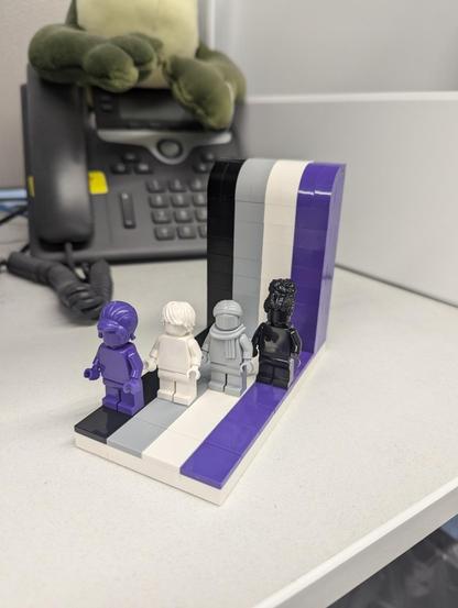 A lego creation on a desk. There are four stripes of color: black, grey, white, purple. With a minifig standing on each stripe. The minifigs are those same colors but in the opposite order.