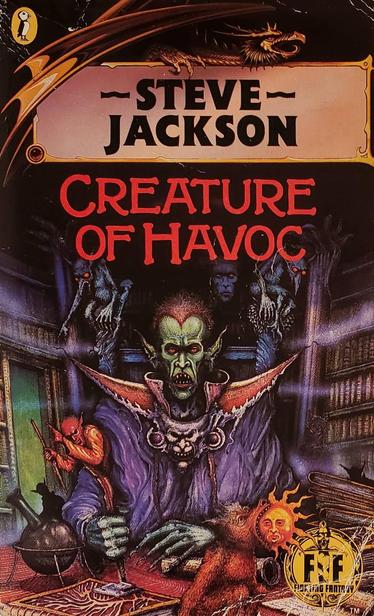 A green-skinned warlock sitting at a desk. A bookshelf can be seen in the back.